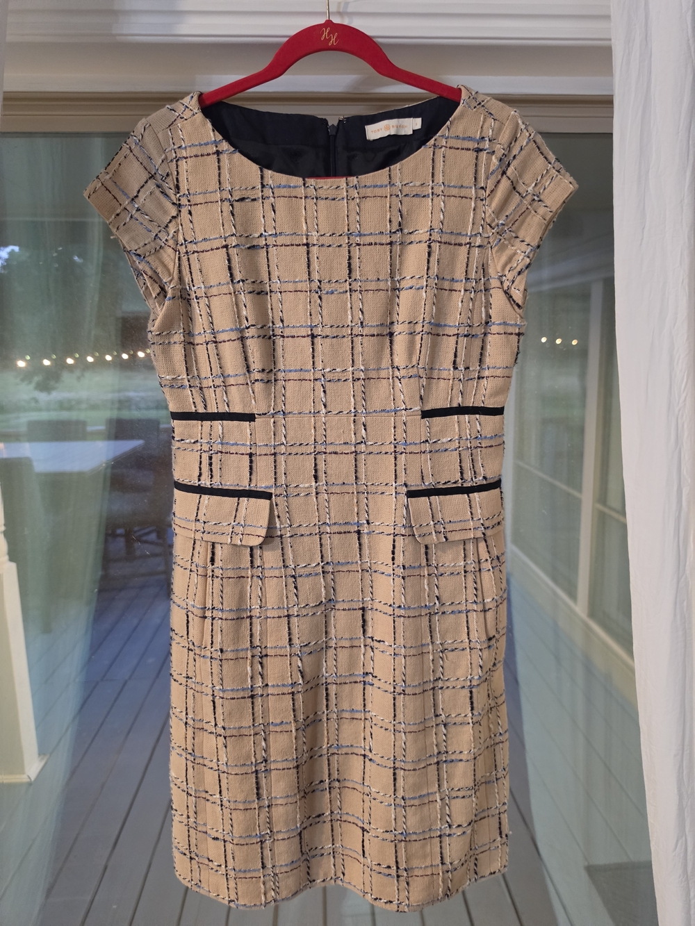 Tory Burch Beige Tweed Midi Dress with Navy Windowpane